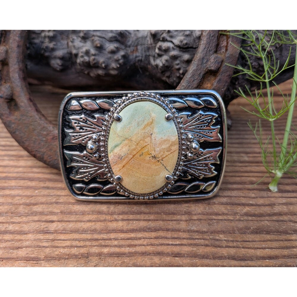 Vintage 80s Landscape Jasper Stone Western Belt Buckle – Silver Tone Tooling